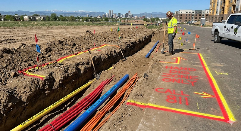 Underground service marker tape and hand-dig safety zone around utility pipes