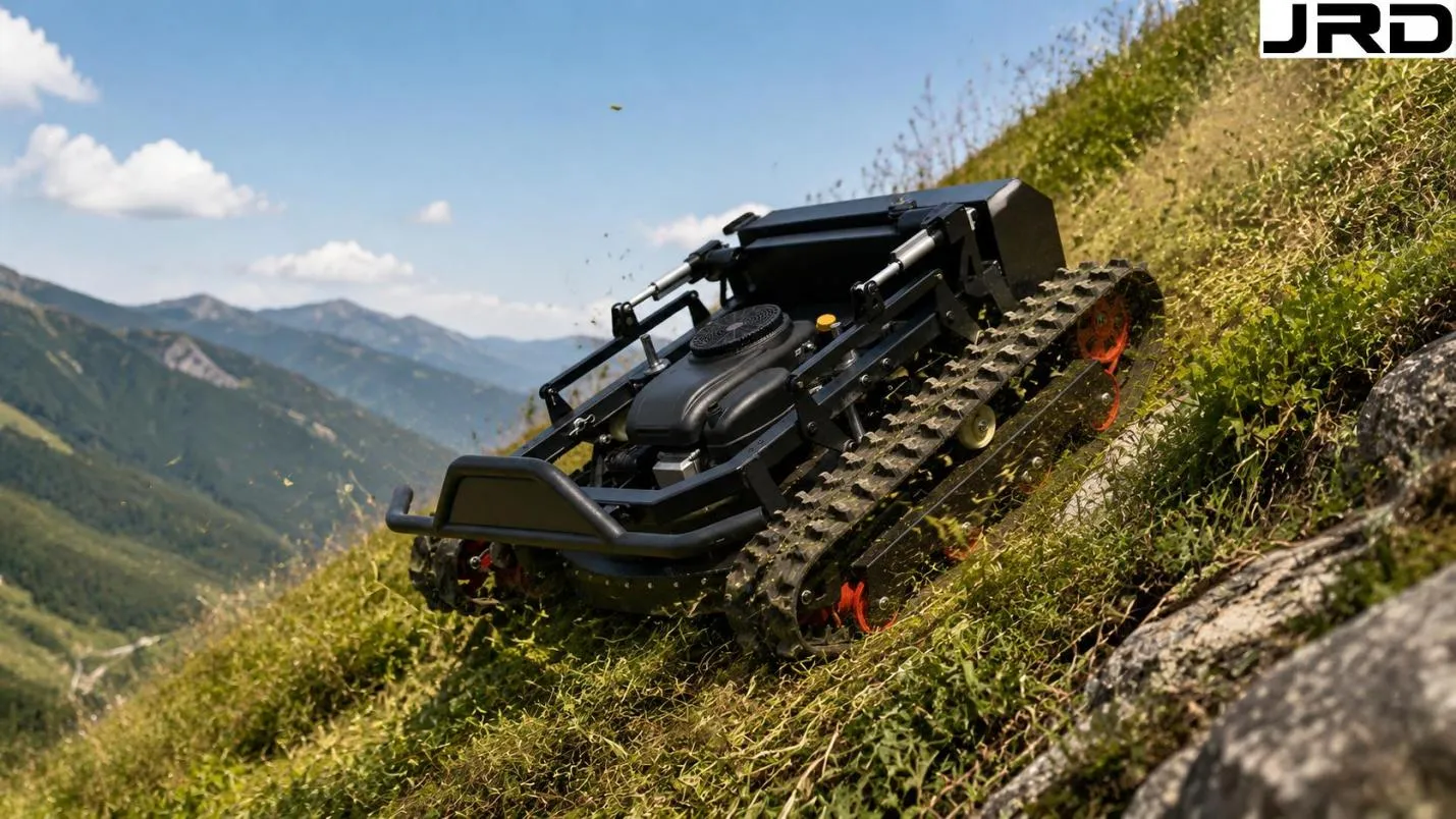 RC mower operating on extreme steep slope Extreme Slope Mowing with RC Mowers Ratings, Technique and Limits