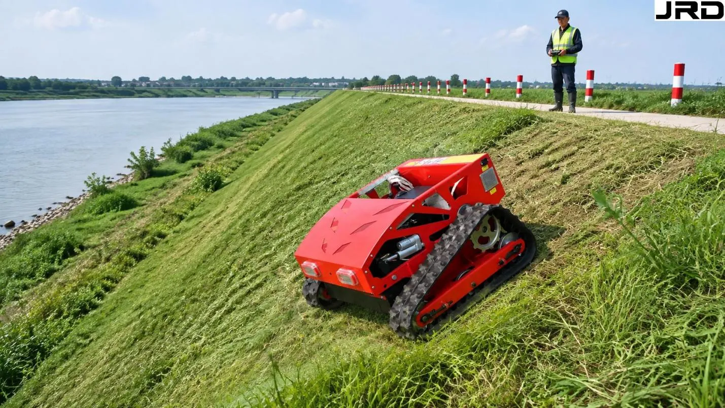 RC slope mower operating on steep flood defence embankment bank beside river, operator visible on flat crest path behind Flood Defence Embankment Vegetation Management with RC Mowers