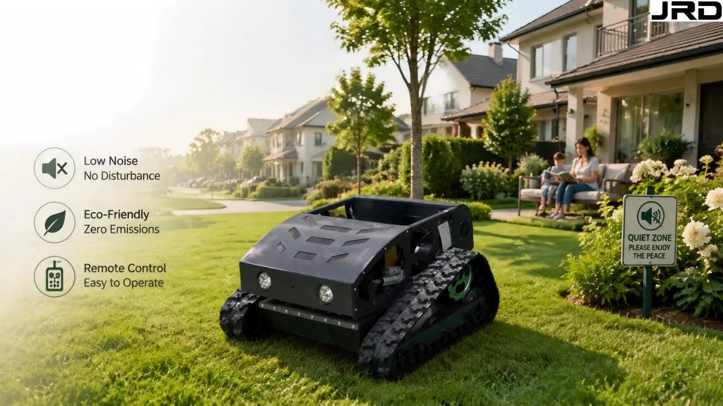 RC mower operating silently near residential housing estate, no noise disturbance visible in surrounding scene RC Mower Noise Levels Regulation, Hearing Protection and Community Impact