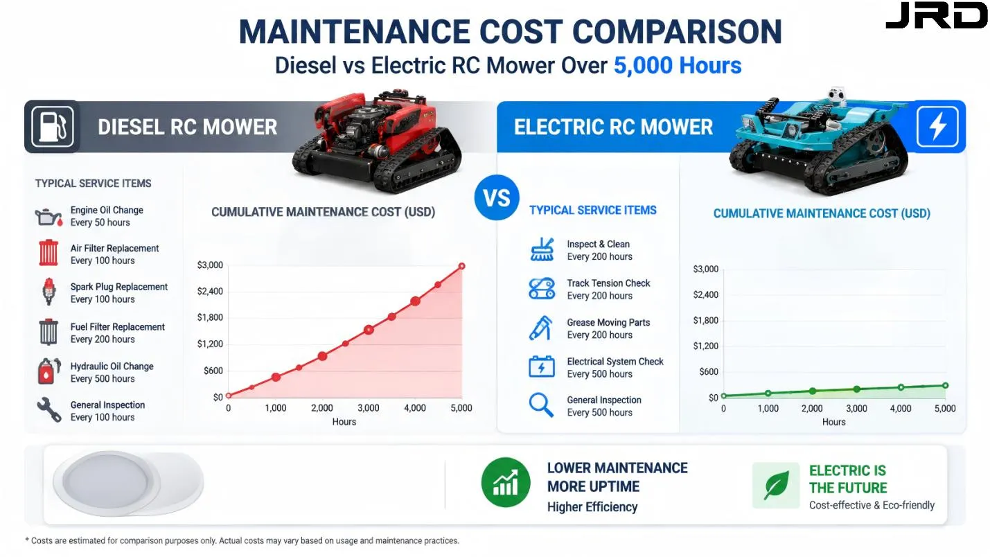 Side-by-side maintenance cost chart comparing diesel and electric RC mower service costs over 5,000 hours Diesel vs Electric RC Mower Cost, Run Time and Application Fit