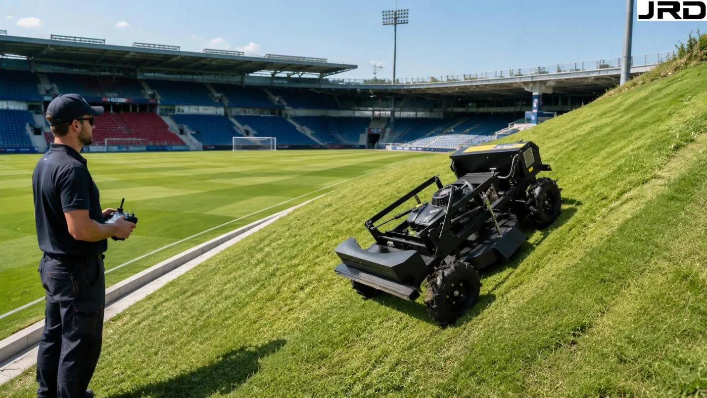 RC mower sports stadium perimeter embankment with pitch presentation standard Sports Stadium Bank Maintenance with RC Mowers - detail image 2